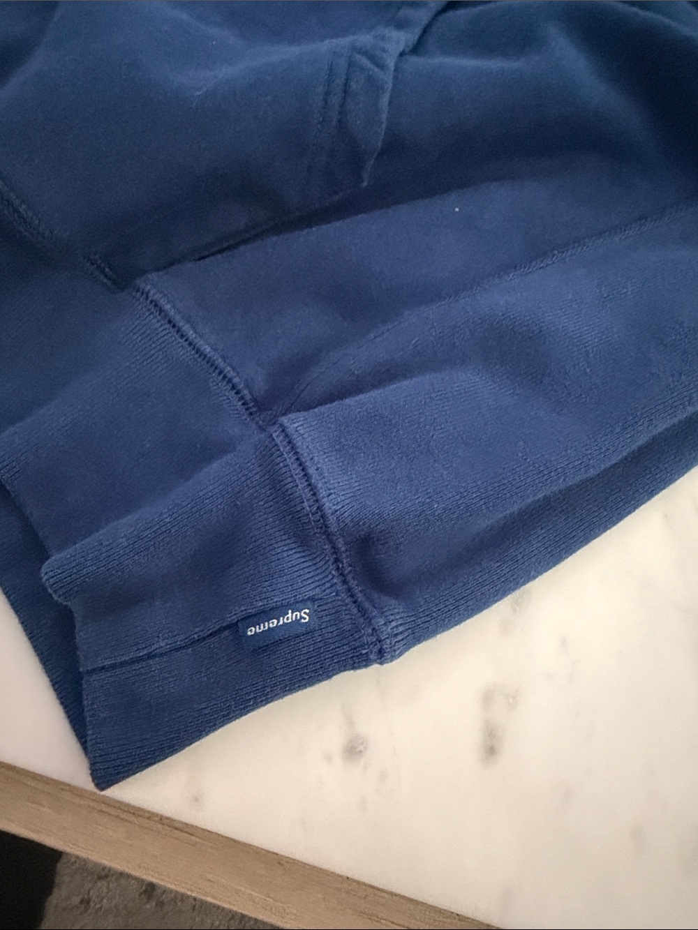 Supreme Navy Hoodie with Orange Sleeve Logos - Picture 6 of 7